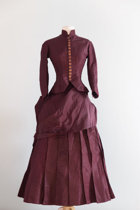 Antique 1880s Bustle Era Two-Piece in Aubergine Silk Taffeta with Celestial Buttons / XS