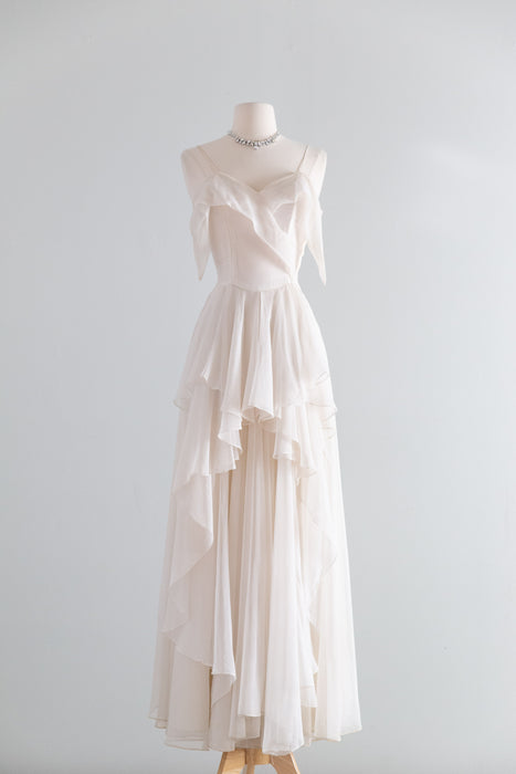 Haunting Late 1940's Ivory Chiffon Evening Gown / XS- S