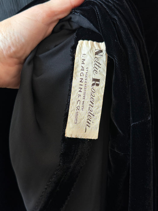 Iconic Early 1950's Nettie Rosenstein Black Silk Velvet Evening Dress with Chantilly Lace Shoulders / M