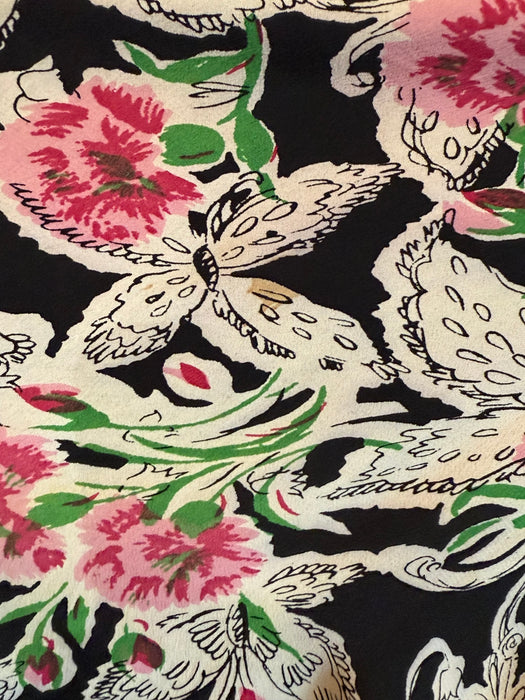 Vintage 1940's Carnations & Butterflies Print Floral Rayon Dress with Bows / M
