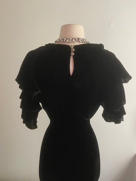 Sublime 1930's Black Silk Velvet Cut Evening Gown With Ruffled Sleeves / Small