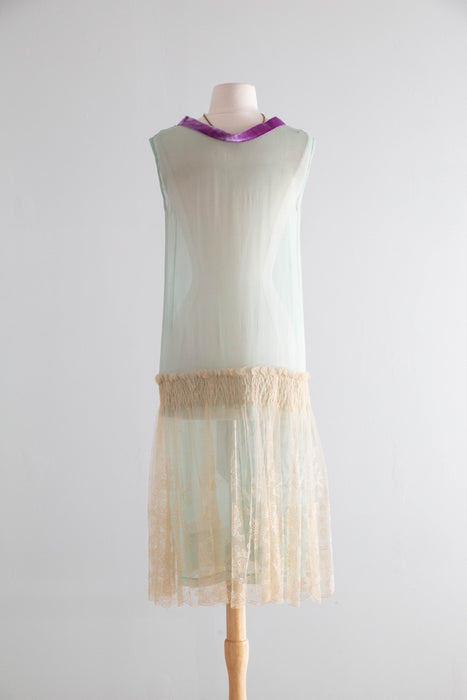 Ethereal 1920’s Aquamarine & Violet Sheer Silk Chiffon Flapper Dress With Embroidered Net