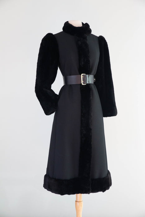 Sublime 1970's Saks Fifth Ave. Black Wool Coat With Fur Sleeves / SM