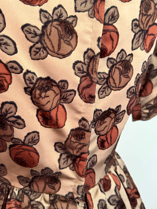 Gorgeous 1950's New Look Couture Cocoa Silk Rose Print Cocktail Dress / S