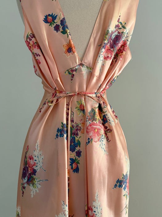 Dreamy 1940's Bias Cut Peach Satin Slip Dress With Floral Print By Corticelli / ML