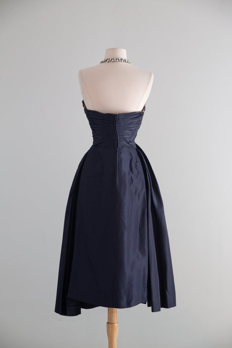 Exquisite 1950's Couture Cocktail Dress in Navy Silk Taffeta and Imported Lace / SM