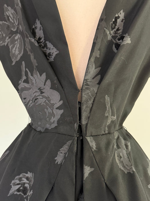 Documented 1950's Estevez Black Silk Faille Evening Dress With Roses / S