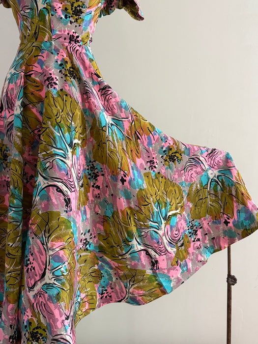 Rare 1940's Nettie Rosenstein Fauvist Landscape Silk Dress / M