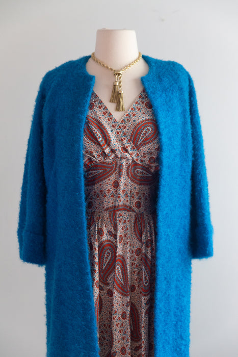 Brilliant 1960s Teal Blue Wool and Mohair Boucle Duster Coat / M