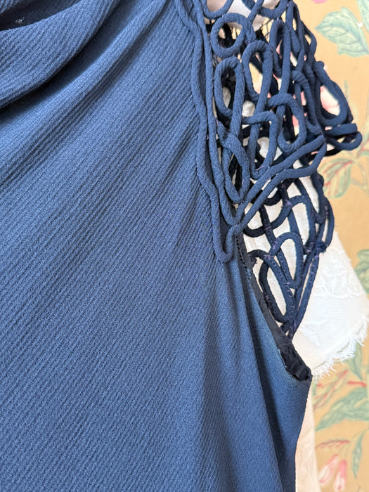 Rare 1930's NRA Labeled Navy Crepe Dress With Soutache Sleeves / M