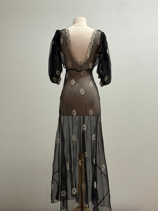 Ethereal 1930's Embroidered Sheer Black Silk Net Bias Cut Gown / S