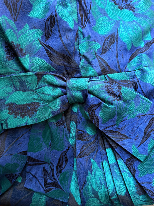 Elegant 1950's Brilliant Blue & Green Floral Silk Brocade Cocktail Dress / SM