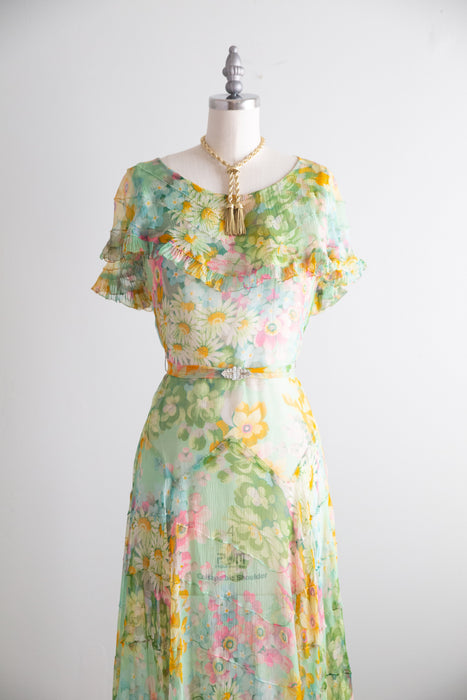 Dreamy 1930's Impressionist Floral Print Silk Chiffon Dress / SM