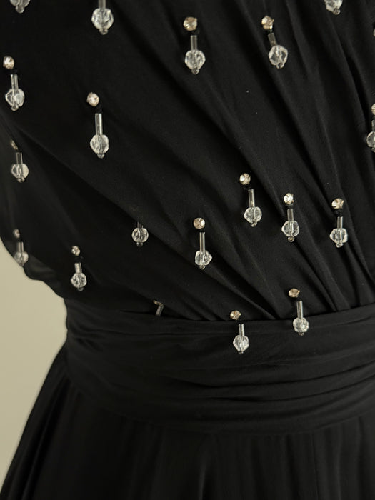 Divine 1950's Black Silk Chiffon Evening Dress With Beaded Bodice / S