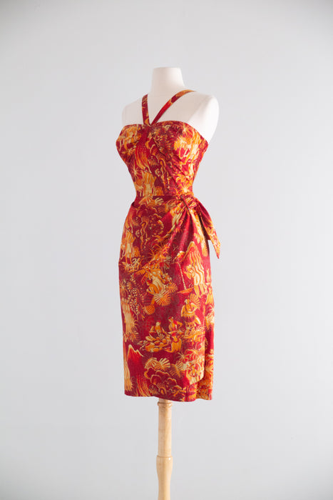 Glamorous 1950’s Alfred Shaheen "Luau" Hawaiian Print Sarong Dress / M