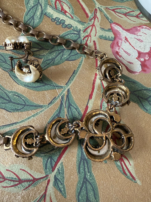 Romantic 1950's Victorian Revival Crescent Moon Pearls Necklace & Earring Set