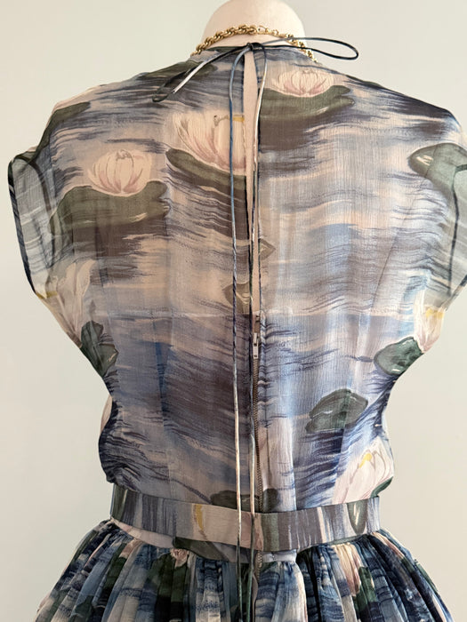 Sublime 1950’s Larry Aldrich Silk Chiffon Lily Pad Print Dress / SM