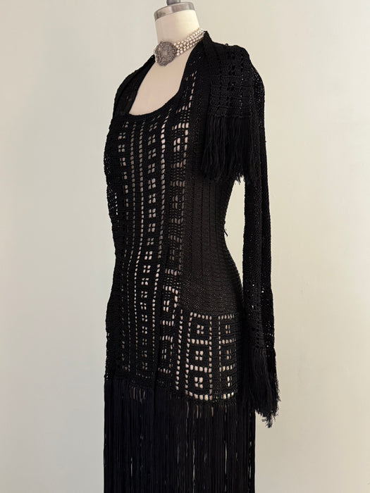Sinuous 1920’s Black Silk Geometic Crochet Fringed Evening Dress Robe / Small