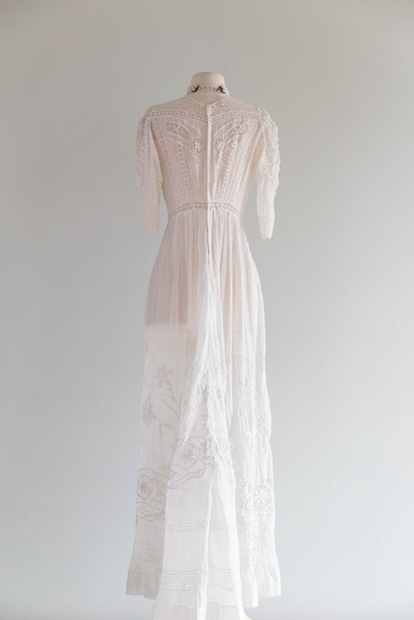 Extraordinary Antique Edwardian Hand Embroidered Wedding Gown / SM