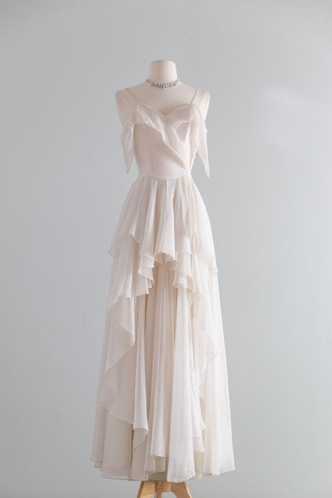 Haunting Late 1940's Ivory Chiffon Evening Gown / XS- S