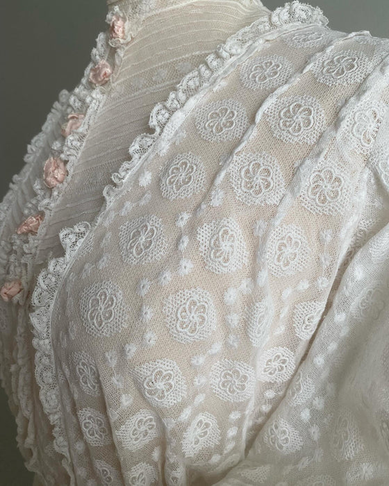 Exquisite Edwardian Embroidered Net Tea Dress With Pale Pink Rosettes / Small