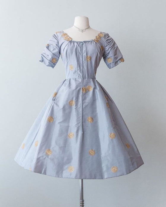 Iconic 1954 Tina Leser Original Ice Blue Silk Hostess Dress With Embroidered Starbursts / SM