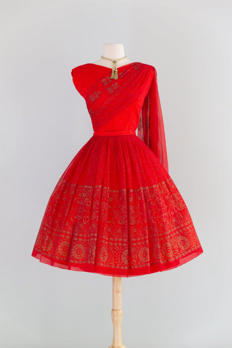Glamorous 1950’s Sari Inspired Red & Gold Chiffon Party Dress | S