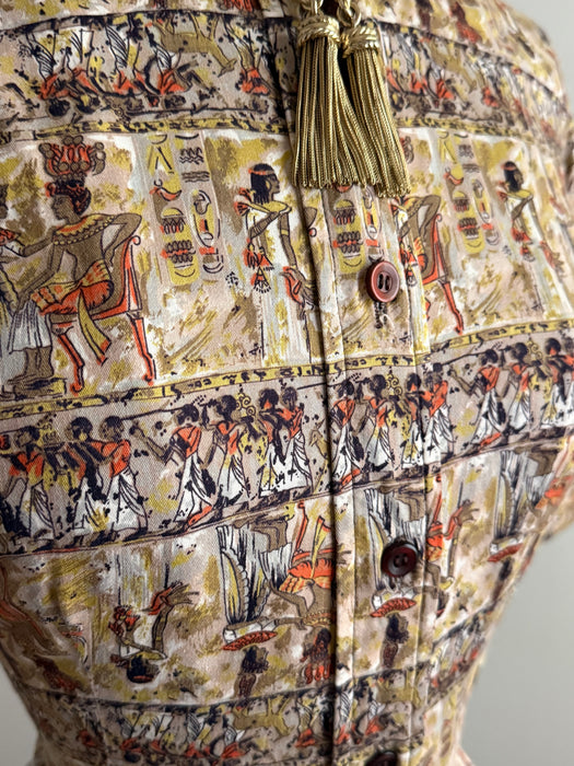 Charming 1950's Egyptian Hieroglyphic Print Cotton Shirtwaist Dress / M