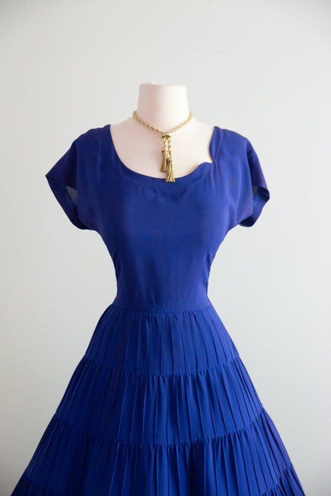 Stunning 1950's Larry Aldrich New Look Starburst Pleated Dress In Yves Klein Blue / M