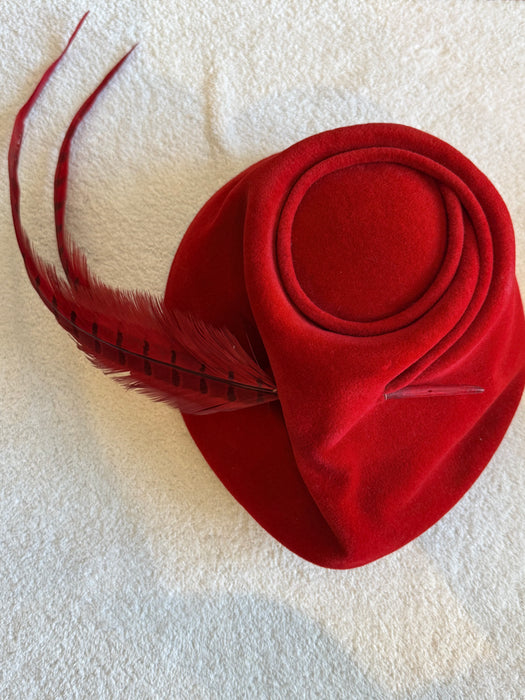 Dramatic Patrice Model Vintage Red Felt Hat with Sweeping Feather Plume