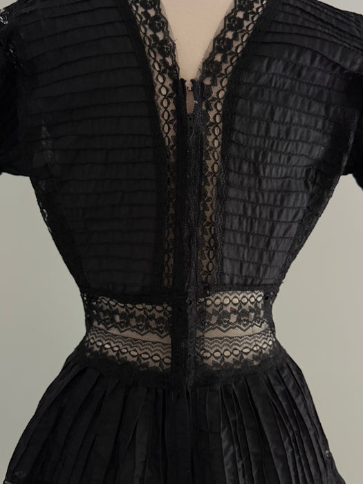 Gorgeous Vintage Mexican Cotton Pintuck Black Dress / M
