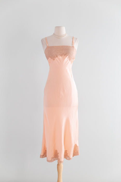 Sensuous 1930's Ballet Pink Silk Bias Cut Slip With Lace Trim / M