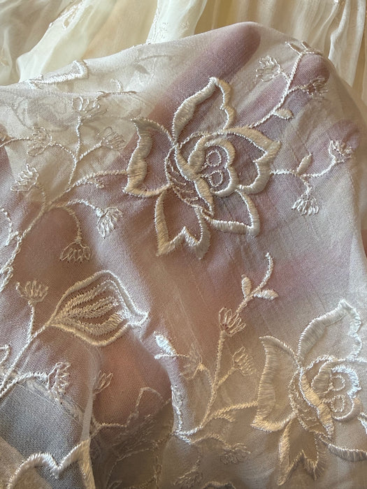 Romantic 1950's Embroidered Wild Rose Chiffon Ivory Wedding Dress / M