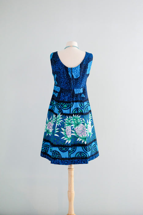 Coolest 1960's Purple Pineapple Blue Hawaiian Dress by Ui-Maikai / Sz M