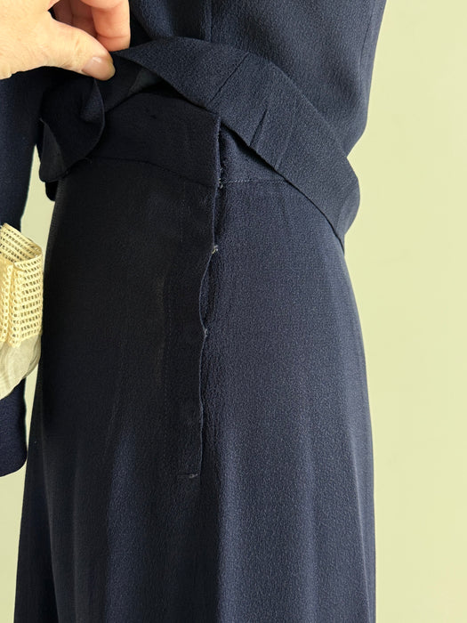Darling 1940's Navy Blue Rayon Crepe Two Piece Set / Small