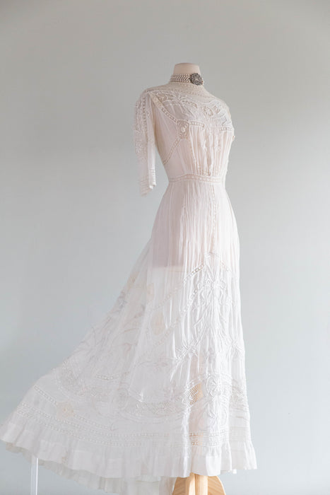 Extraordinary Antique Edwardian Hand Embroidered Wedding Gown / SM