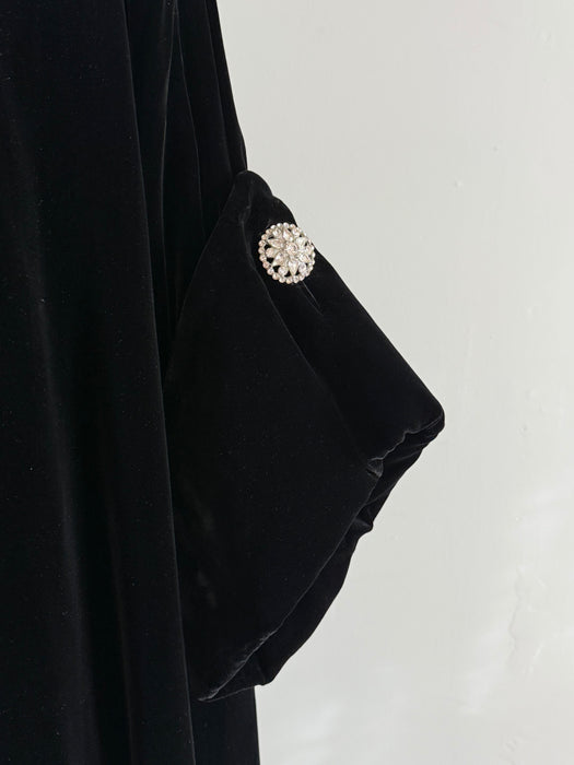 Exquisite 1950's Lilli Ann Black Velvet Swing Coat With Rhinestone Cuffs / ML