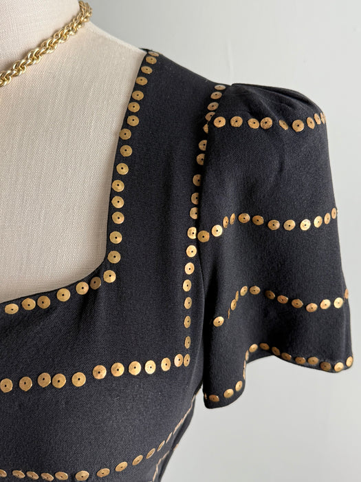 Stunning 1940’s Black Rayon Evening Gown With Gold Sequins / S