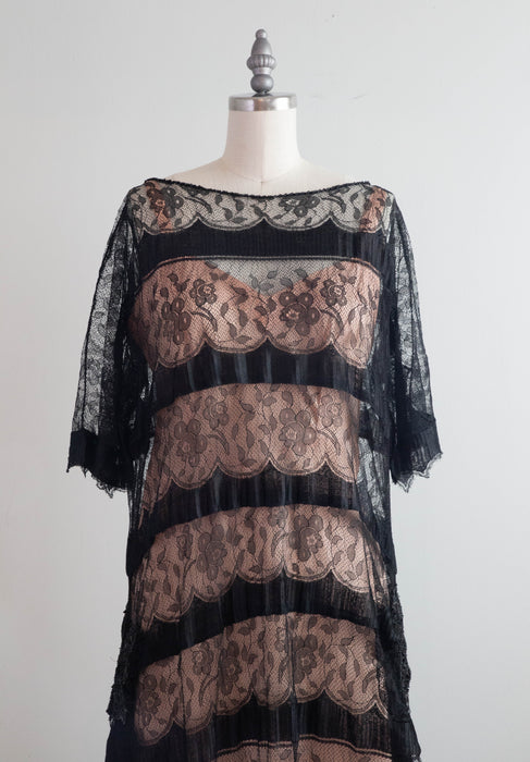 Exquisite 1920's Black French Lace Flapper Era Evening Dress / M