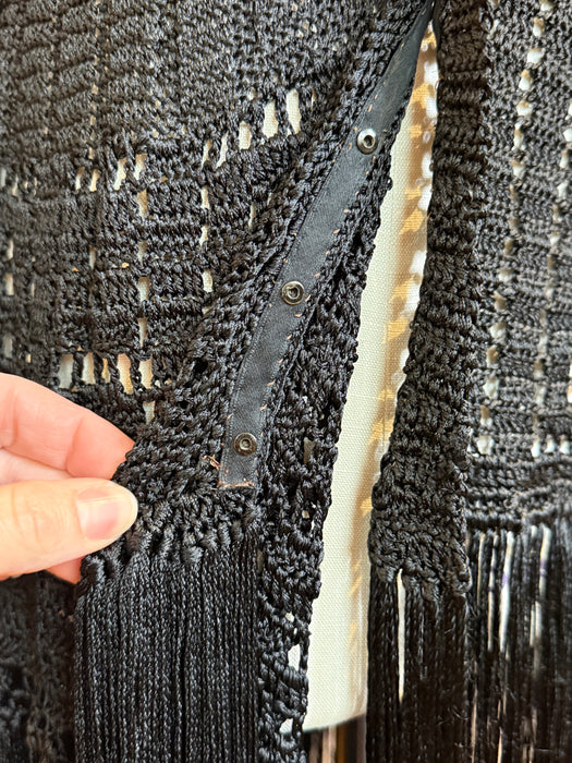 Sinuous 1920’s Black Silk Geometic Crochet Fringed Evening Dress Robe / Small