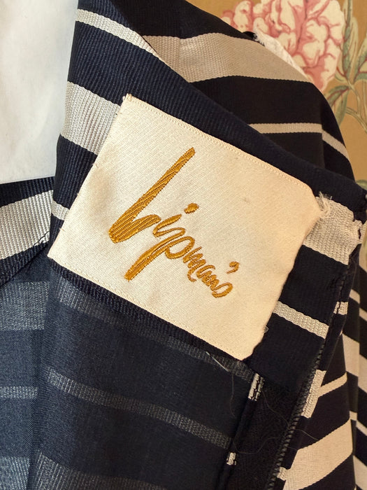 Chic Early 1960's Silver & Navy Blue Striped Silk Dress From Lipman's / XS