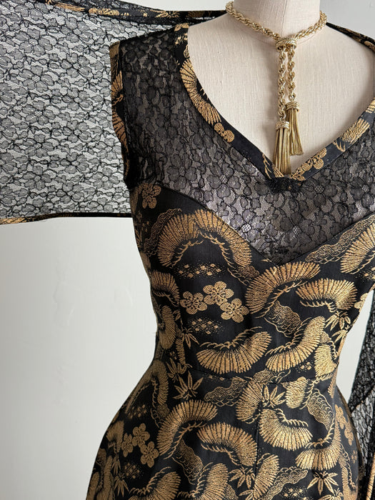 Stunning Late 1940’s Chinese Gold Brocade Evening Dress with Shawl  / SM