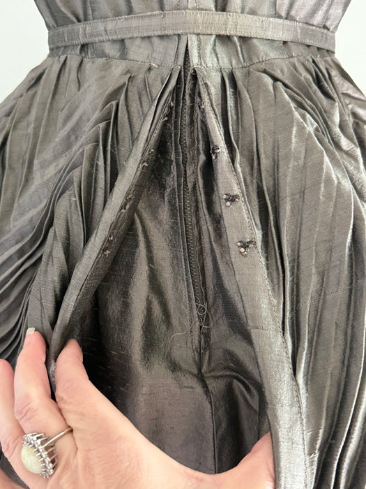 Magnificent 1950's "New Look" Silk Cocktail Dress With Chevron Pleating Attributed to Werle / S