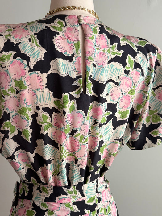 Heavenly 1940's Jean Carol Silk Bouquets & Bows Dress With Sash / M