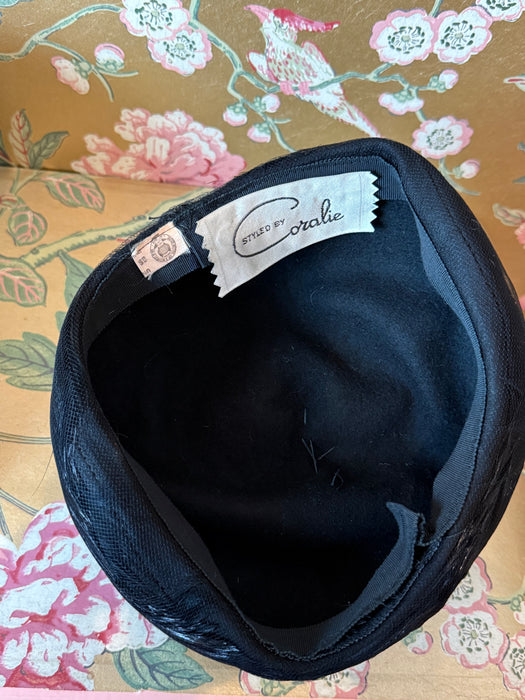 Elegant 1960’s Black Cocktail Hat By Coralie