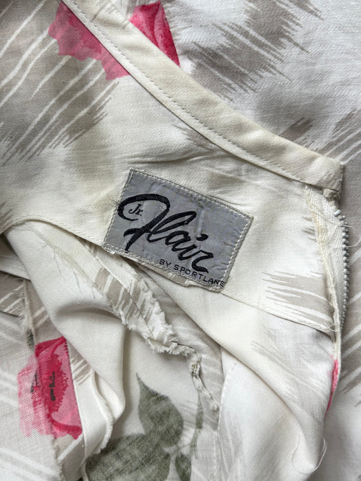 Gorgeous 1950's Polished Cotton Pink Rose Print Dress With Big Pink Bow! SM