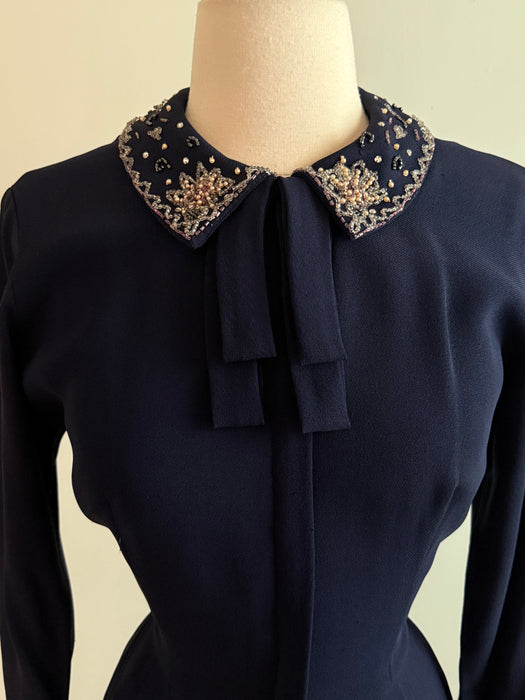 Elegant Early 1950's Navy Blue Rayon Dress With Embellished Pearl Collar & Pockets / SM