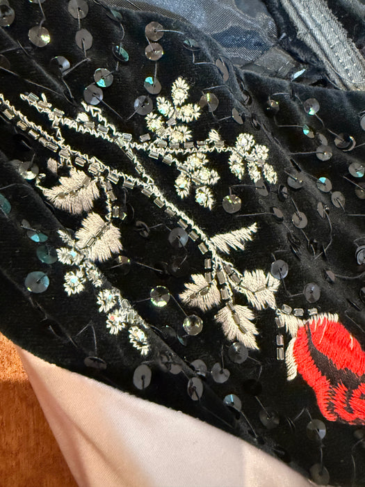 Iconic 1950's Cocktail Dress By Emma Domb With Embroidered Roses on Black Velvet / Small