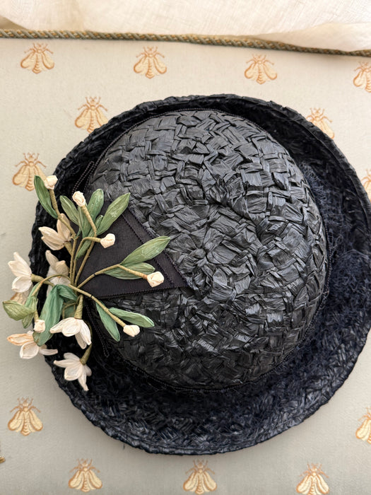 Darling 1950's Navy Blue Woven Straw Hat With White Millenary Flowers By LaRose / SM