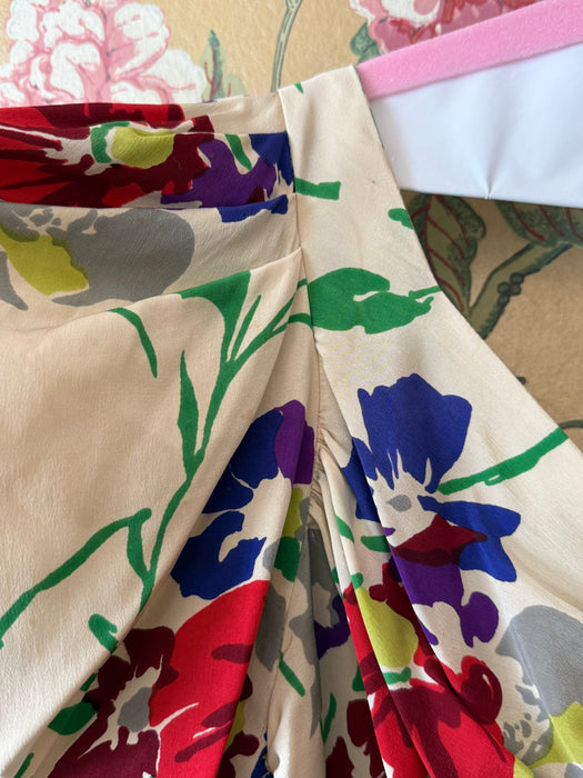 Gorgeous 1930's Floral Print Silk Bias Cut Garden Party Gown / SM